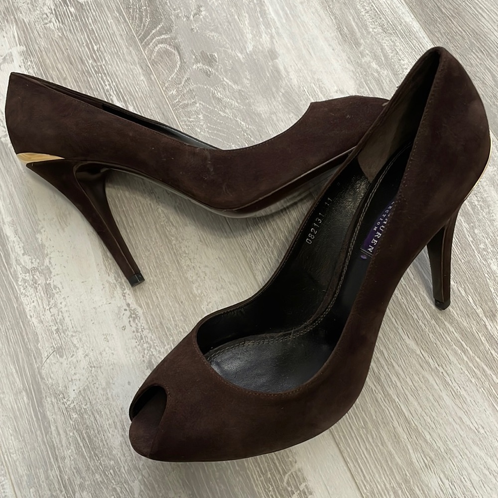 NWOT Ralph Lauren Purple Label Italy Brown Suede Peep Toe Heels 11